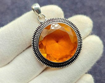 Citrine Gemstone Pendant, 925 Sterling Silver Pendant, Round Pendant, Designer Pendant, Citrine Necklace, Handmade Jewelry, Gift For Women's