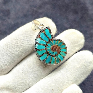Ammonite Pendant with Genuine Turquoise Inlay Pendant - Sterling Silver Handmade Necklace - Decent Jewelry, Ammonite Fossil Pendant For Gift