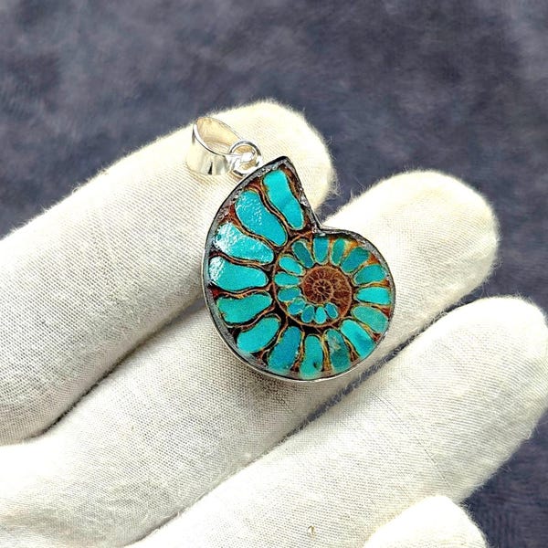 Ammonite Pendant with Genuine Turquoise Inlay Pendant - Sterling Silver Handmade Necklace - Decent Jewelry, Ammonite Fossil Pendant For Gift