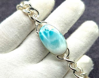 Larimar Silver Bracelet, 925 Silver Chain Bracelet, Cuban Chain Bracelet, Natural Larimar Gemstone Bracelet, Handmade Jewelry, Gift For Men