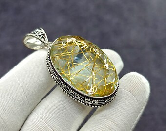 天然の美しいゴールデンルチルクォーツペンダント、925スターリング 