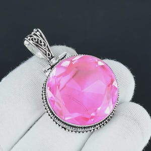 Pink Topaz Gemstone Pendant | 925 Sterling Silver Pendant | Handmade Jewelry | Pink Topaz Necklace | Round Shape Pendant | Gift For Mother