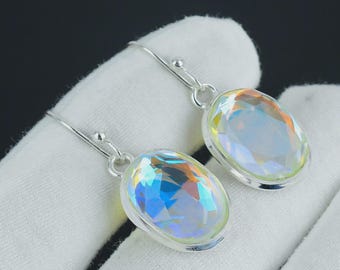 Boucles D'oreilles En Argent Avec Topaze Mystique Et Opale De Feu Bleu - Pendantes - Neuf Sans Emballage