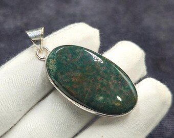Pendentif Argent 925 Main | Pierre Jaspe Sang (Dragon Blood) | Fait Main En Inde | Sans Nickel