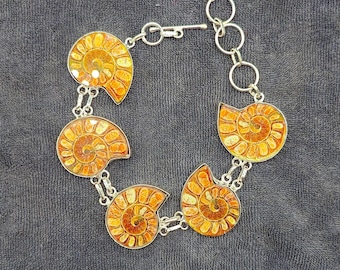 Natural Ammonite Fossil Bracelet, 925 Sterling Silver Handmade Bracelet, Orange Ammonite Jewelry Bracelet, Antique Bracelet, Gift For Unisex