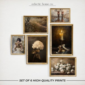 May include: Set of six high-quality art prints featuring various subjects, including a woman reading a book, a candle in a candlestick, a bouquet of white roses, a hydrangea flower, and two landscapes. The prints are framed in gold.