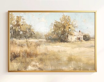 Arte de parede de paisagem vintage para impressão, arte de parede neutra para download, arte de parede digital de casa de fazenda antiga para sala de estar