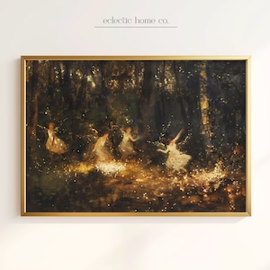 May include: A painting of five fairies dancing in a dark forest. The fairies are wearing white dresses and have glowing wings. The forest is filled with golden light.