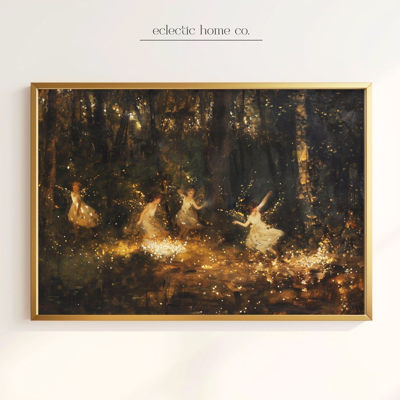 May include: A painting of five fairies dancing in a dark forest. The fairies are wearing white dresses and have glowing wings. The forest is filled with golden light.