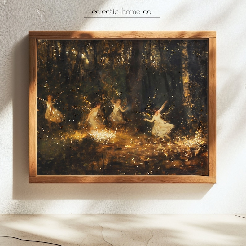 May include: A framed painting depicting five figures in white dresses dancing in a forest setting. The figures are surrounded by glowing lights, creating a magical and ethereal atmosphere.