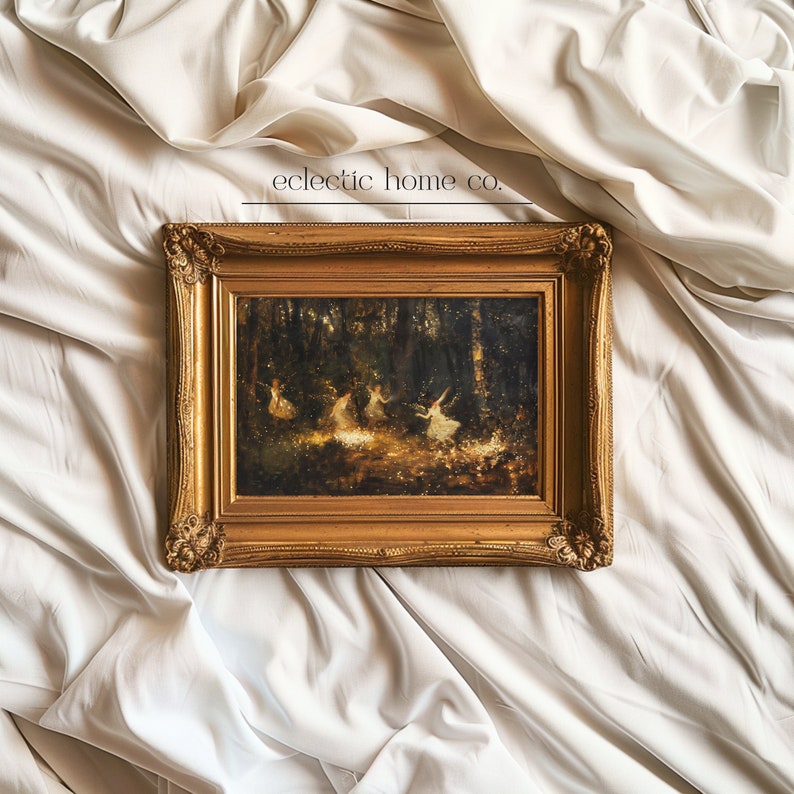 May include: A framed painting of a group of fairies dancing in a forest. The painting is set against a dark background with a golden frame.