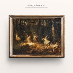 May include: A framed painting of a forest scene with five figures in white dresses dancing among glowing lights. The painting is set in a dark forest with trees and foliage in the background. The figures are illuminated by the glowing lights, which create a magical and ethereal atmosphere.