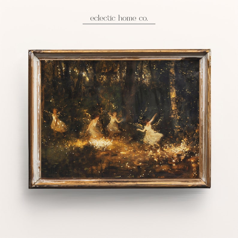 May include: A framed painting of a forest scene with five figures in white dresses dancing among glowing lights. The painting is set in a dark forest with trees and foliage in the background. The figures are illuminated by the glowing lights, which create a magical and ethereal atmosphere.