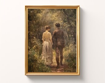 Puede incluir: Una pintura al óleo enmarcada que representa a una pareja caminando por un bosque. La mujer lleva un vestido blanco y el hombre lleva un traje marrón. La pintura está ambientada en un fondo de exuberantes árboles verdes y follaje.