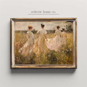 Puede incluir: Una pintura al óleo enmarcada que representa a cuatro mujeres con vestidos blancos caminando por un campo de flores silvestres. La pintura tiene un ambiente suave y romántico y se desarrolla sobre un fondo de cielo azul y hierba verde.