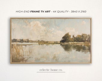 Frame TV Art Summer Lake Life Pintura vintage, Decoración de la pared de la granja para el marco TV, Marco Samsung de arte costero, Decoración de la cabaña de la casa del lago