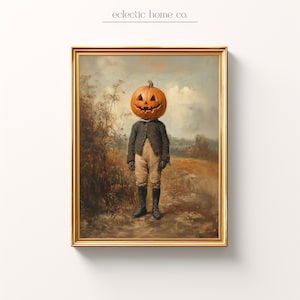 May include: A vintage-style painting of a person wearing a carved pumpkin as a head. The person is wearing a dark jacket, light pants, and black boots. The painting is set in a field with trees in the background.