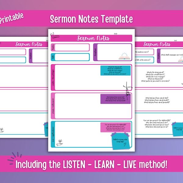 Church Sermon Notes Printable Bible Study Template Word of God Note Taking Method Colorful Sermon Notes Journal