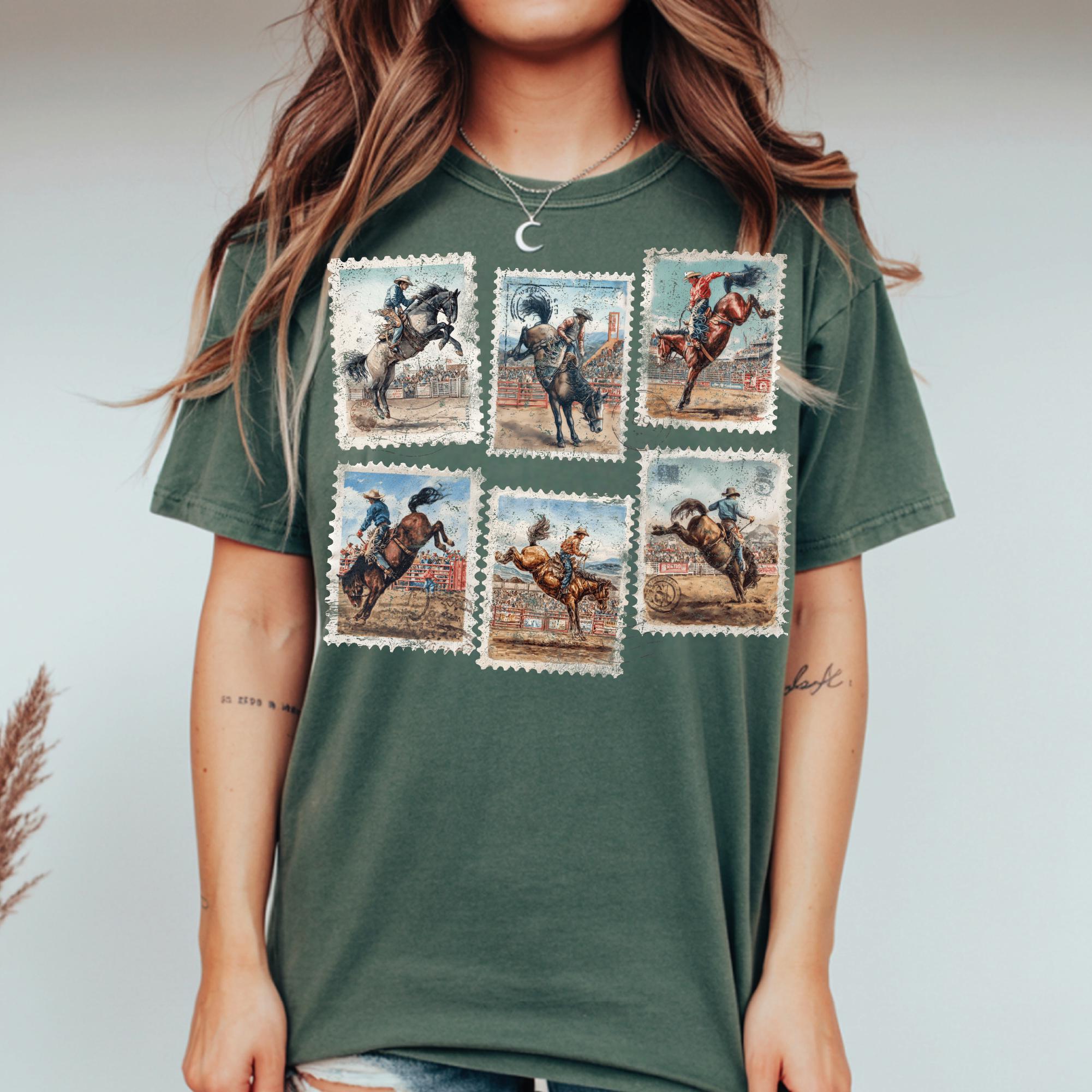 Stamp Rodeo Vintage Rodeo Cowboy Stamp DTF Transfer, Western Bronco Rider Ready to ...