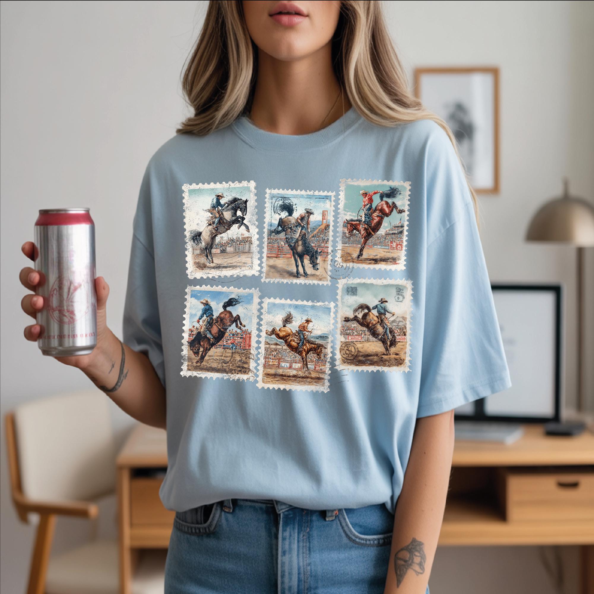 Stamp Rodeo Vintage Rodeo Cowboy Stamp DTF Transfer, Western Bronco Rider Ready to ...