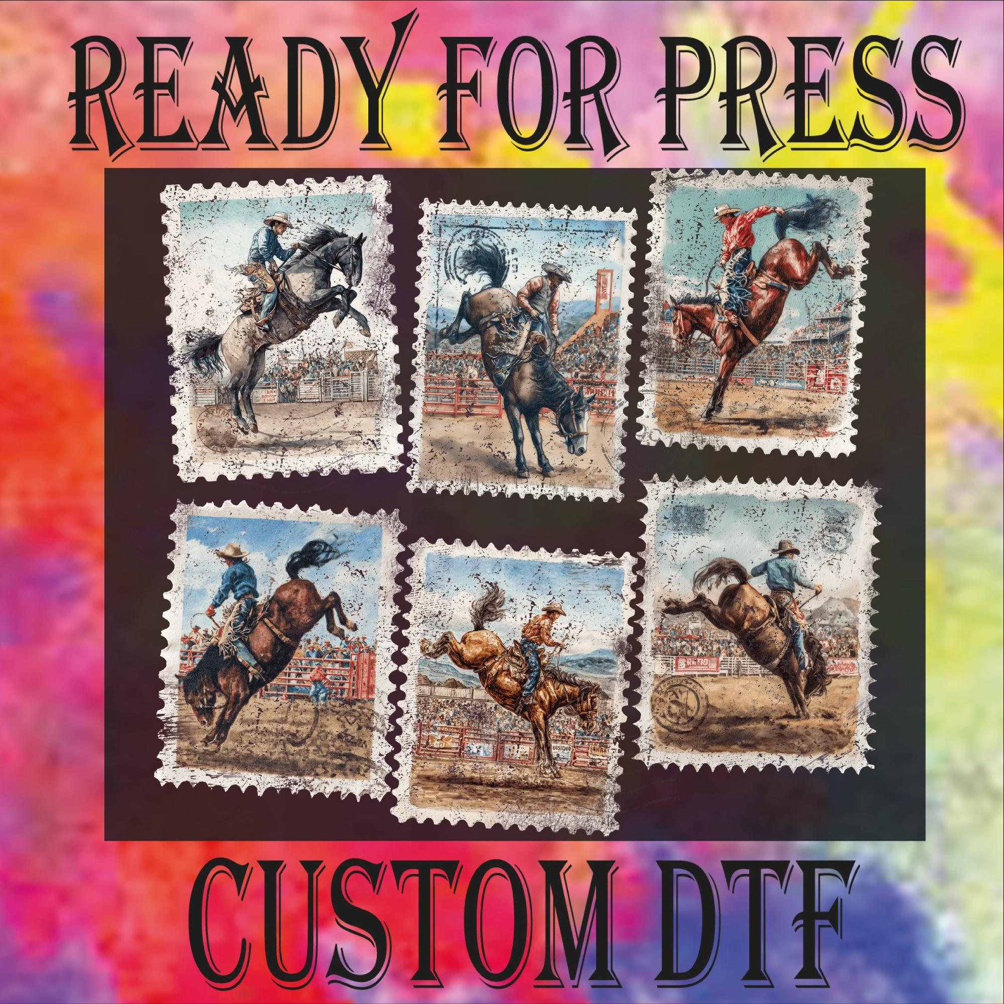 Stamp Rodeo Vintage Rodeo Cowboy Stamp DTF Transfer, Western Bronco Rider Ready to ...