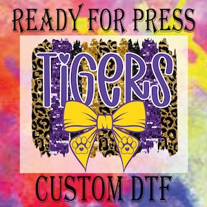 Purple & Gold Tiger Ready To Press, Tigers Coquette Bow DTF Transfer, Tigers Mascot Dtf, Leopart Tigers Heat Press DTF, School Spirit DTF