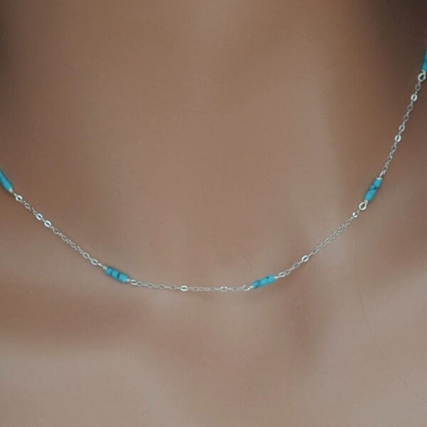 Delicate Turquoise Necklace, Tiny Lariat Chain Necklace, Thin Blue Necklace for Woman Gift for her