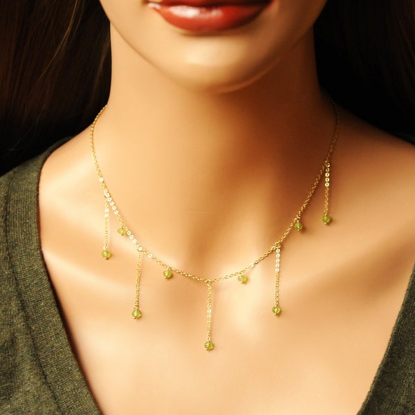 Peridot Necklace Lariat Dangle Necklace, Unique Gift for Woman Peridot Chain Gold Necklace, Green Jewelry, Cascade Peridot Necklace