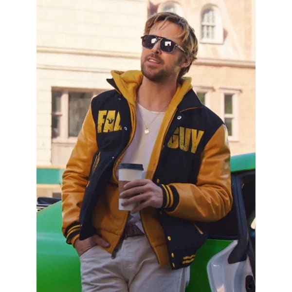 Handmade Ryan Gosling's The Fall Guy Bomber Jacket in Black and Yellow With Hood - Ryan Varsity Letterman Jacket - Unisex for Men & Women