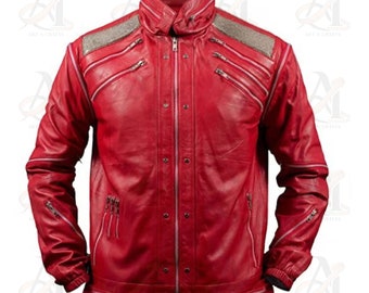 Disfraz de chaqueta de cuero MJ roja Beat It de Michael Jackson hecho a mano para hombre