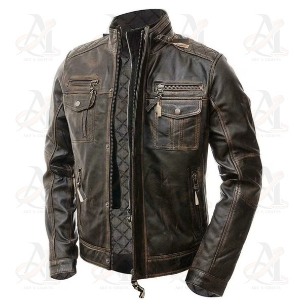 Men's Slim Fit Vintage Brown Café Racer Biker Motorcycle Leather Jacket, Handmade Distressed Leather Jacket
