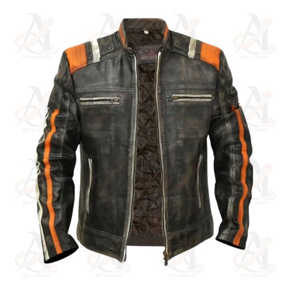 Mens Handmade Retro Cafe Racer Bike Rider Vintage Moto Distressed Genuine Leather Jacket