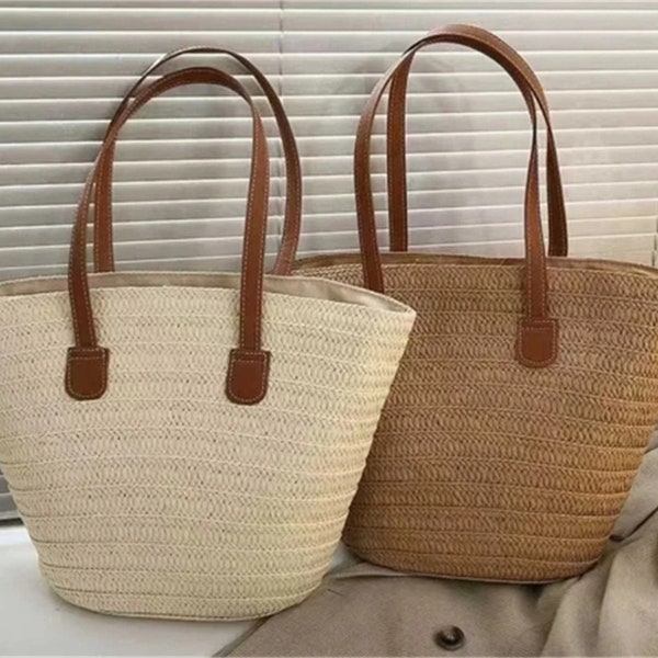 Handmade straw handbag, summer woman shoulder woven bag, beach tote bag, large capacity casual tote purses, Straw Purse, gift for her