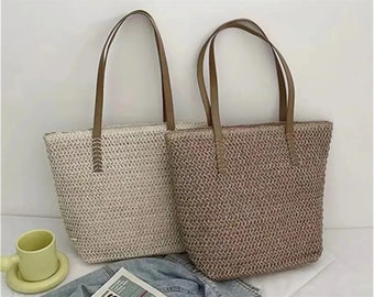 Sac à main en paille fait main, sacs à main fourre-tout décontractés de grande capacité, sac fourre-tout de plage, sac tissé à bandoulière pour femme d'été, sac à main en paille, cadeau pour elle