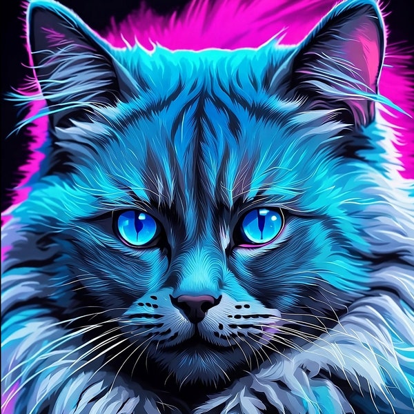 Retro Futuristic Synthwave Blue Eyed Cat - Printable Wall Art Home Decor Synth Wave Art '80s