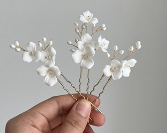 3pcs White Ceramic Flower Pearl Hair Pin , Wedding Hair Piece, Bridal Headpiece, Bridal Crystal Hair Pins, Bridesmaid Hair Accessories