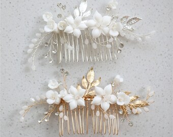 ceramic flower hair accessories, wedding hair pieces, Rhinestone beaded hair comb hairpin, bridal leaf crystal tiara, bridesmaid hair comb