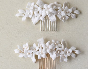 wedding flower hair accessories, bridal flower hair comb, Ceramic flower hair comb, bridal hair vine, simple white flower bridal accessories