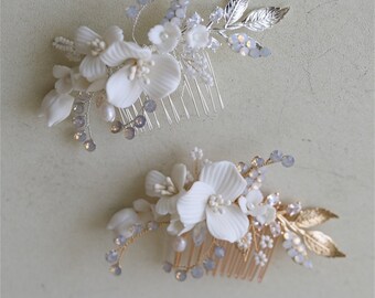 Bridal Flower Hair Comb,Wedding Pearl Hair Comb,Ceramic flower opal rhinestone hair comb,Bridal Headpiece,Bridesmaid Hair Accessories,Gift