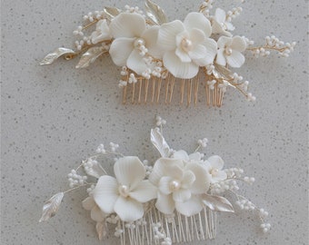 White Porcelain Flower Wedding Hair Piece, Pearl Bridal Headpiece,Delicate and Small Hair Comb, Leaf Hair Accessories,Bridesmaid Hair Comb