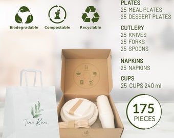 Terra Kare Disposable Paper Plates Set for 25 Guests.Party Plates Cups,Cutlery & Napkins,Recyclable Bag for Disposal.Entirely Compostable