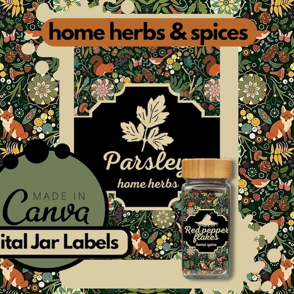 Spice label,  Printable kitchen jar labels, Digital labels, jar labels, Nature floral design labels, Pantry labels, Cottagecore