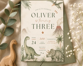 Dinosaur Birthday Invitation Boy | Editable Dino Birthday Party Invite | Boho Watercolor Dinosaur 3rd Birthday Invitation Printable Canva