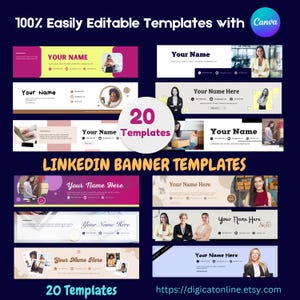 May include: Twenty customizable LinkedIn banner templates with various designs and color schemes. The templates feature a variety of images, including people working on laptops, a woman holding a box, and a woman standing in front of a wall with a geometric pattern. The text "LINKEDIN BANNER TEMPLATES" is displayed in large, bold letters at the bottom of the image.