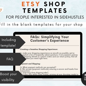 May include: A digital screen displaying a guide for simplifying the customer experience on Etsy. The guide includes a list of frequently asked questions, payment options, shipping details, and return policy. The text on the screen reads "FAQs: Simplifying Your Customer's Experience".