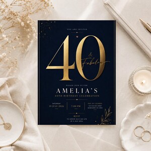 40th Birthday Invitation Template, Elegant 40th Birthday Party Invite, Editable Fourty Birthday Invitation, Gold Birthday Invite.