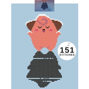 Könnte beinhalten: Ein Pixel-Art-Kreuzstichmuster eines rosa Cleffa-Pokémon mit braunen Ohren und einem schwarzen Schatten. Das Muster ist 70 Stiche breit und 98 Stiche hoch, ergibt insgesamt 151 Stiche.