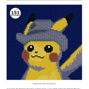 May include: Cross stitch pattern of Pikachu wearing a gray felt hat. The design is 80 x 80 stitches and is intended to be stitched on 14ct navy aida. The pattern is inspired by the Pokémon franchise and Van Gogh.