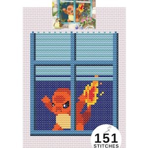 May include: Cross stitch pattern of a Charmander Pokemon peeking out of a window. The pattern is 56 stitches wide and 84 stitches tall, for a total of 151 stitches.