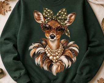Modisches Hirsch-PNG, glamouröse Hirschkuh-Cliparts, Hirsch mit Leoparden-Sonnenbrille, Waldtier mit Perlenkette, exklusives Sublimationsdesign